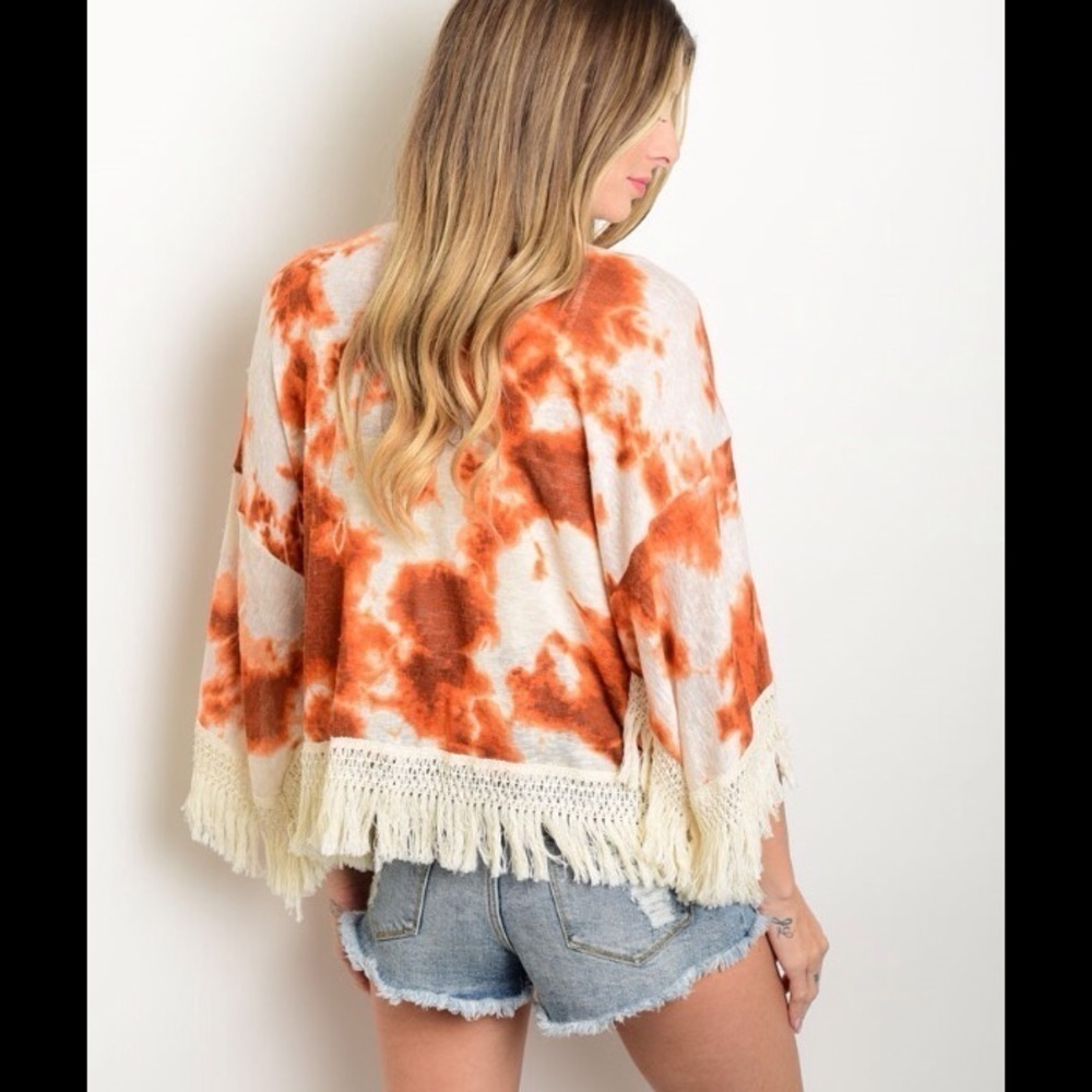 2/$30 Black Bead Orange Rust Tie-Dye Fringe Kimono Cardigan Boho Festival Small - Picture 3 of 6